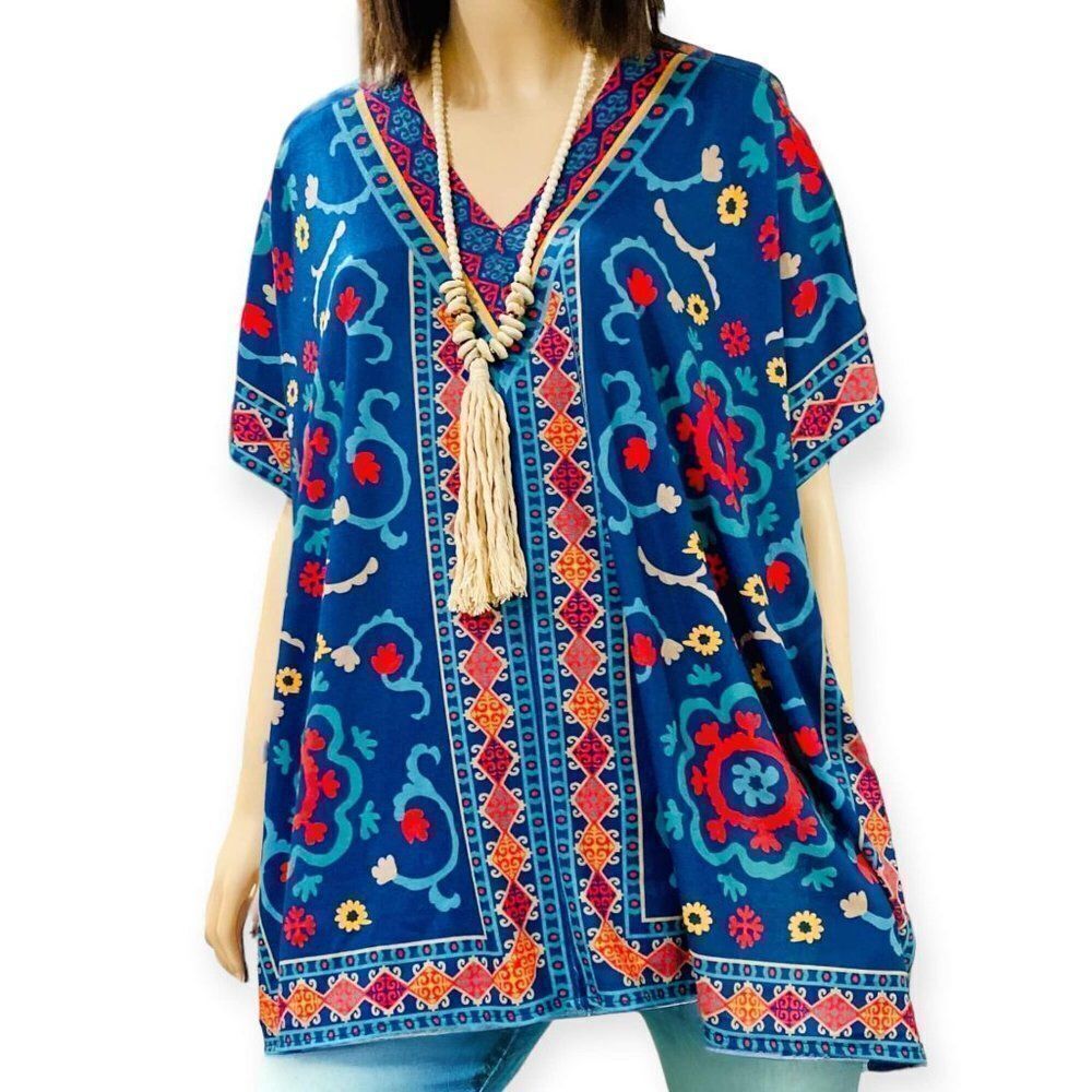 Boho Western V Neck Bold Blue Floral Poncho Top NEW